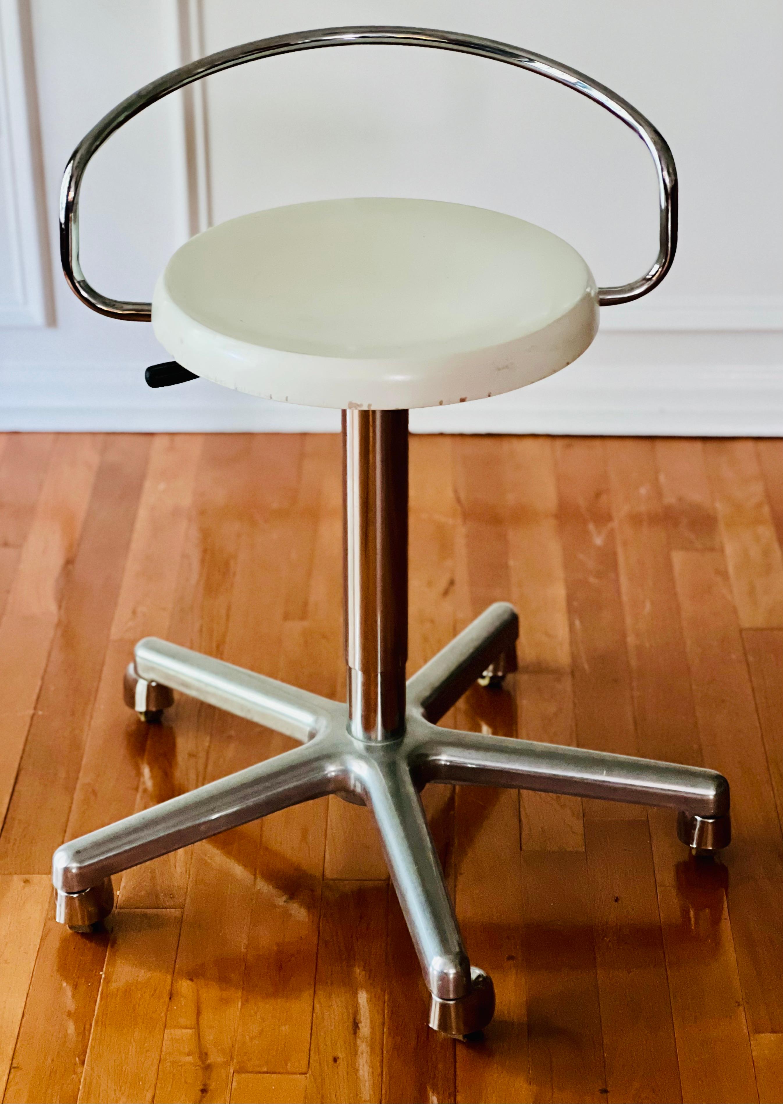 Vintage 70's Swivel Adjustable Height Rolling Work Stool with Lacquered Seat 4