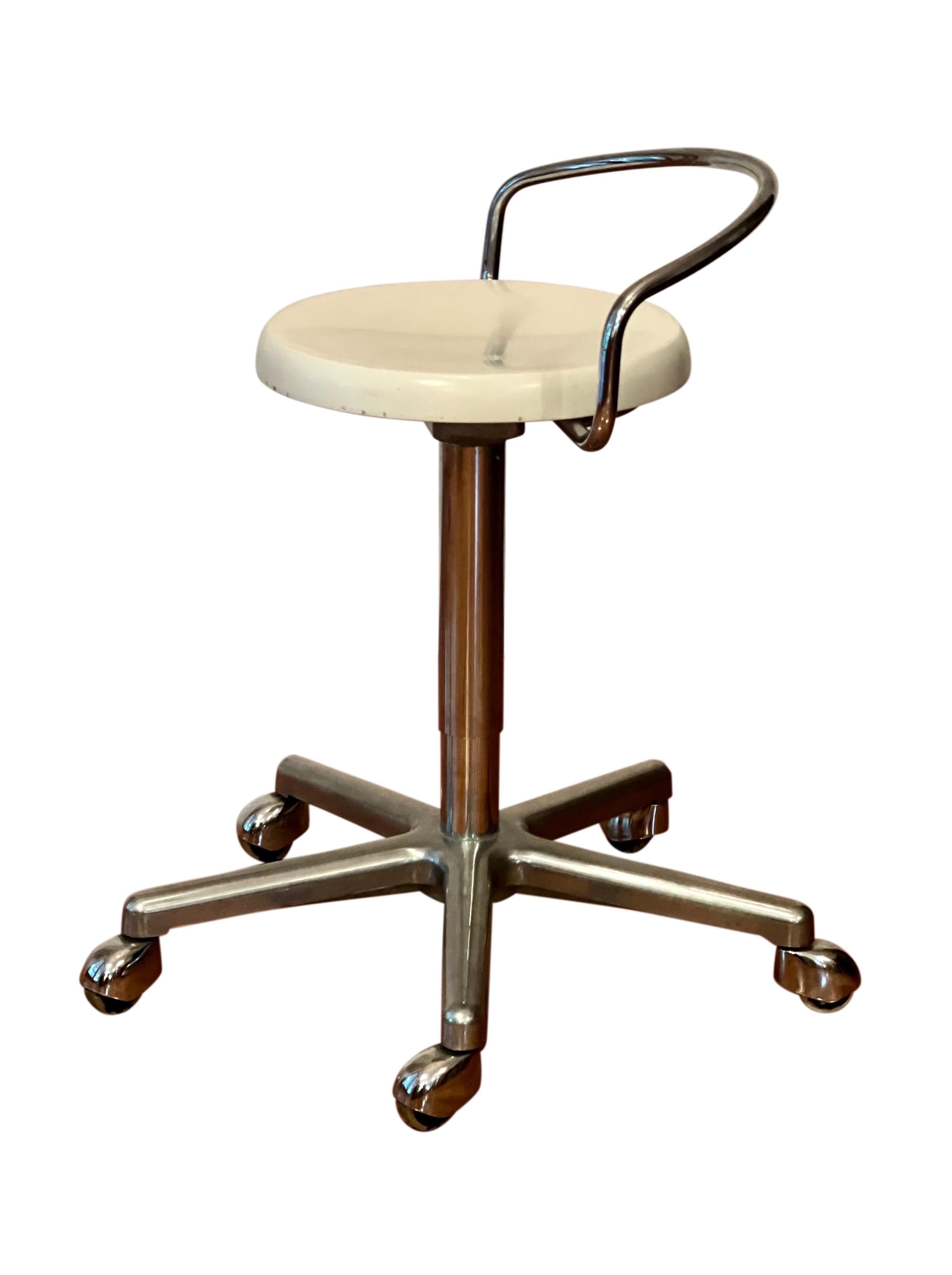 Mid-Century Modern Vintage 70's Swivel Adjustable Height Rolling Work Stool with Lacquered Seat