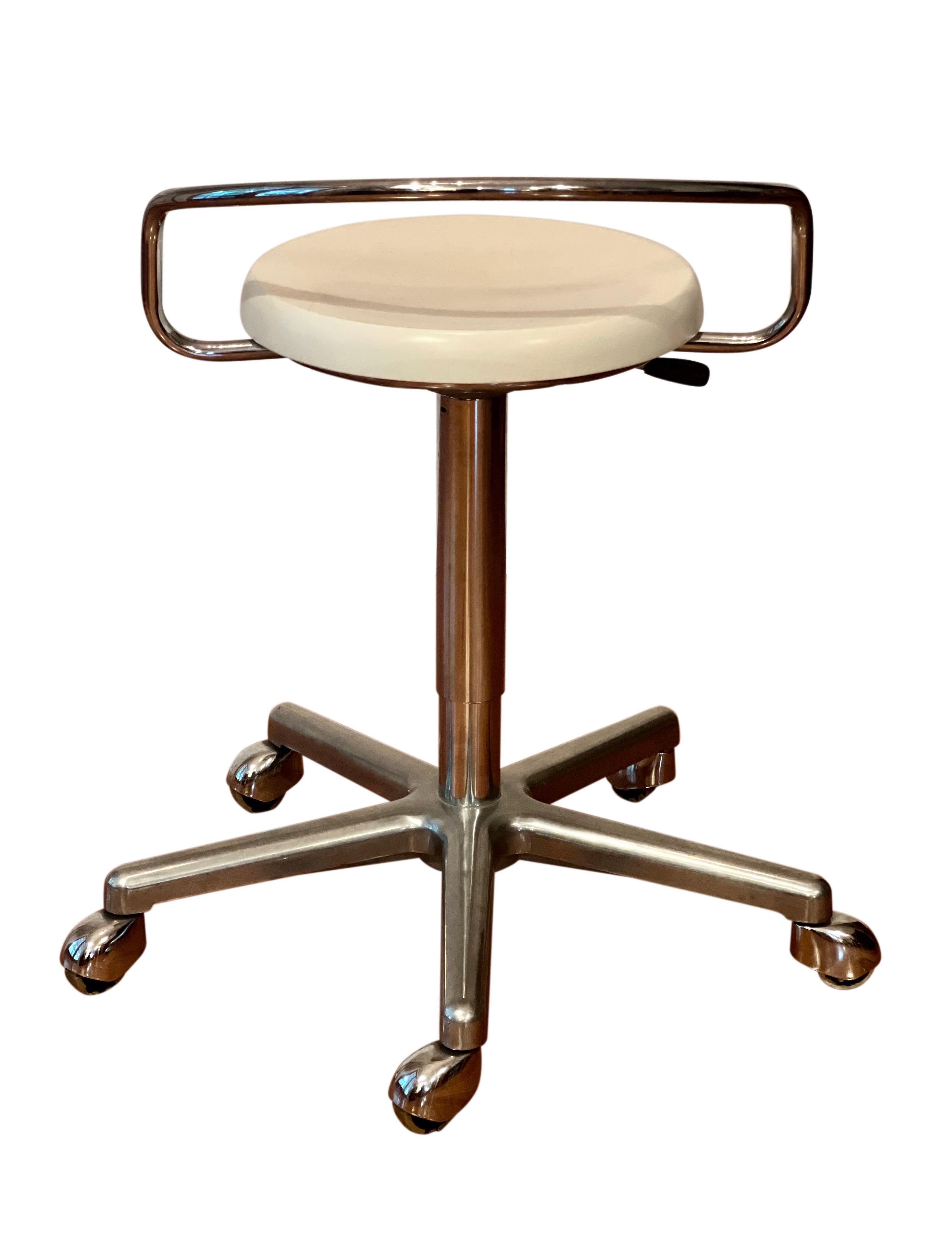Vintage 70's Swivel Adjustable Height Rolling Work Stool with Lacquered Seat In Good Condition In Doylestown, PA