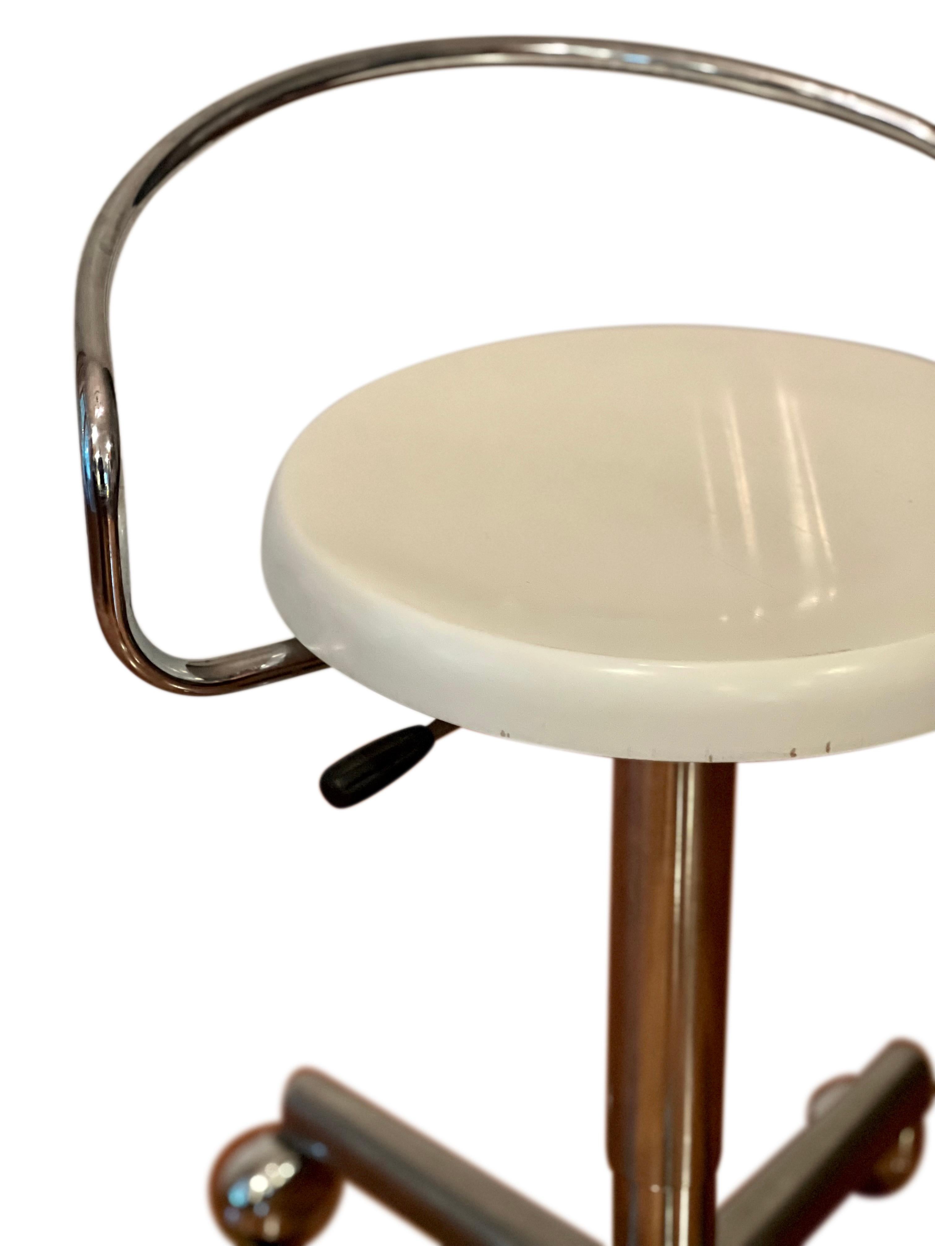 Late 20th Century Vintage 70's Swivel Adjustable Height Rolling Work Stool with Lacquered Seat