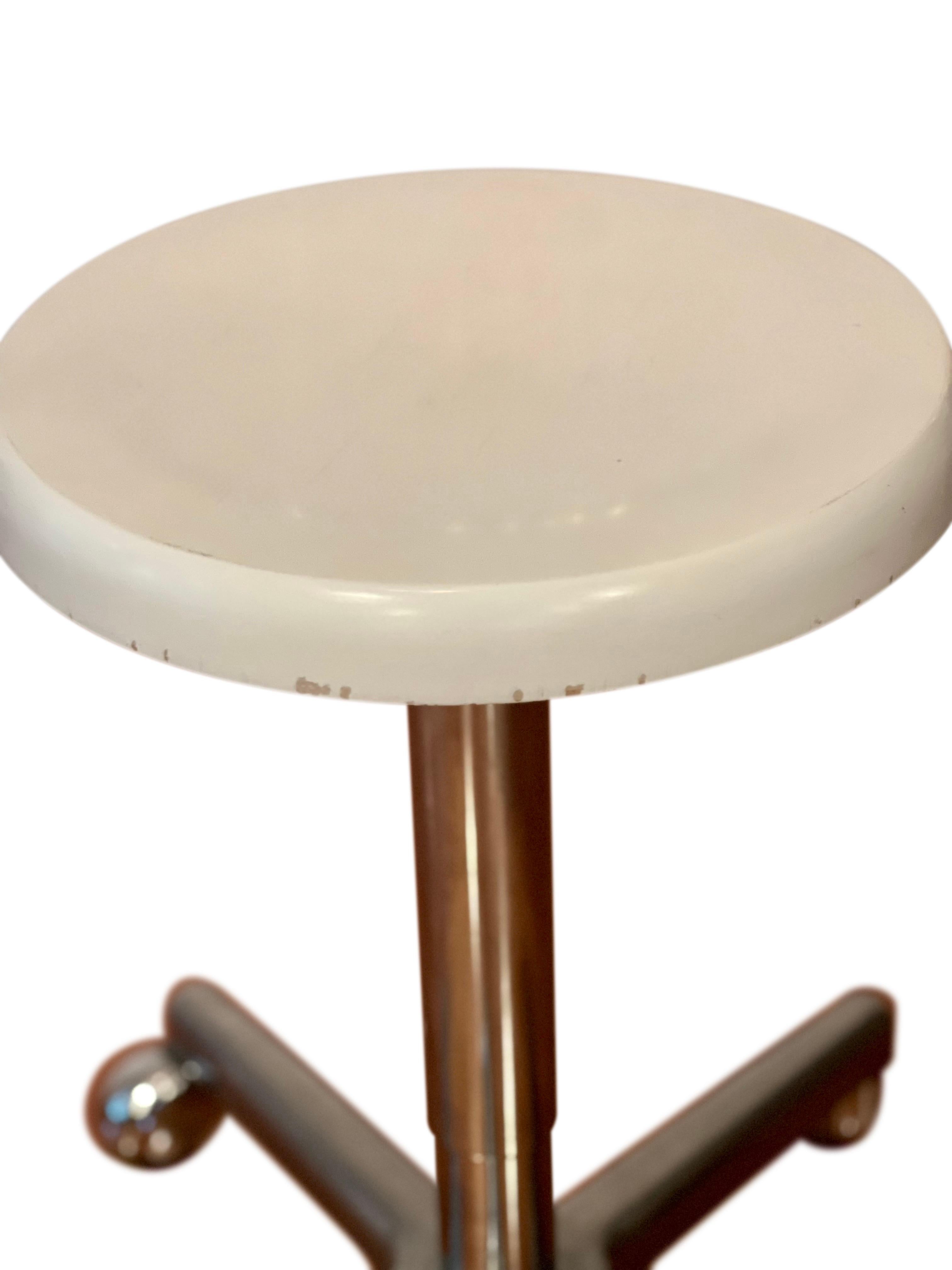 Chrome Vintage 70's Swivel Adjustable Height Rolling Work Stool with Lacquered Seat