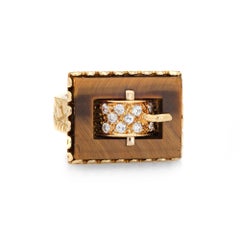 Vintage 70s Tigers Eye Diamond Buckle Ring 18k Yellow Gold Pinky Band