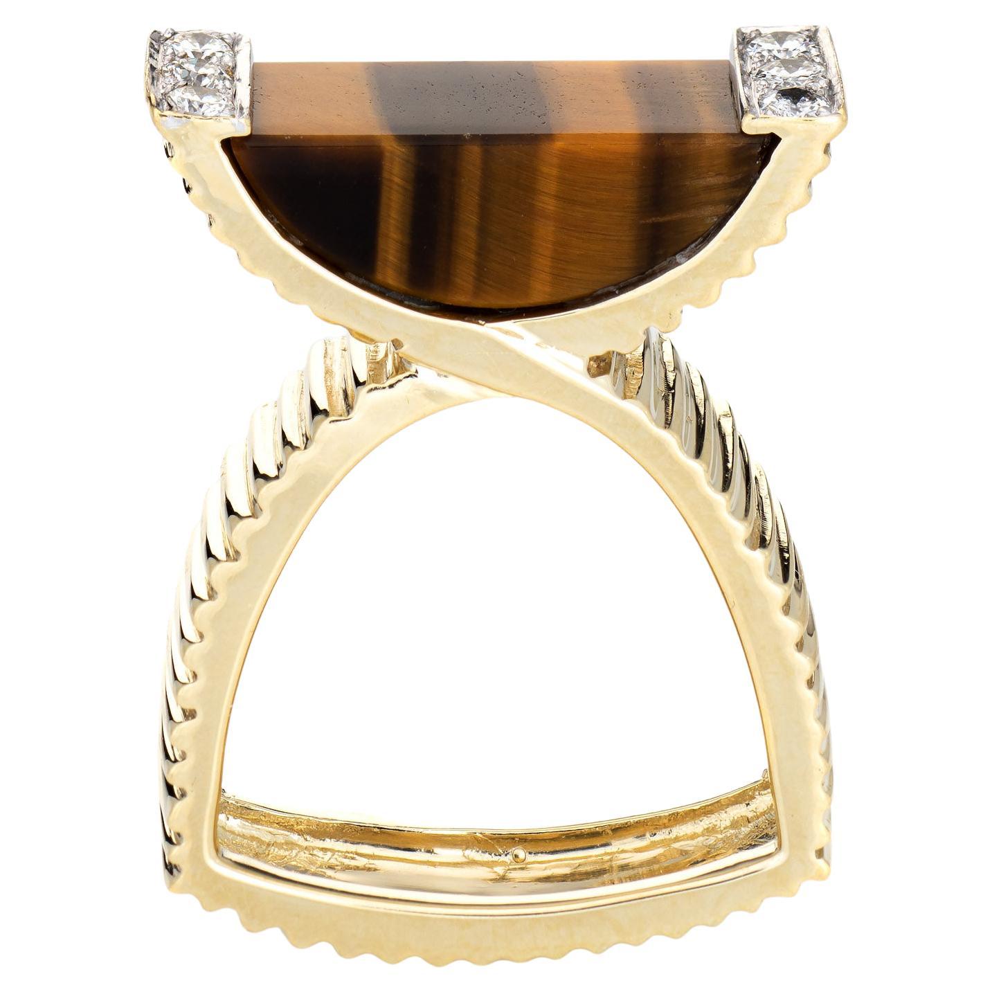 Vintage 70s Tigers Eye Diamond Ring La Triomphe 14k Yellow Gold Fine Abstract 6  For Sale