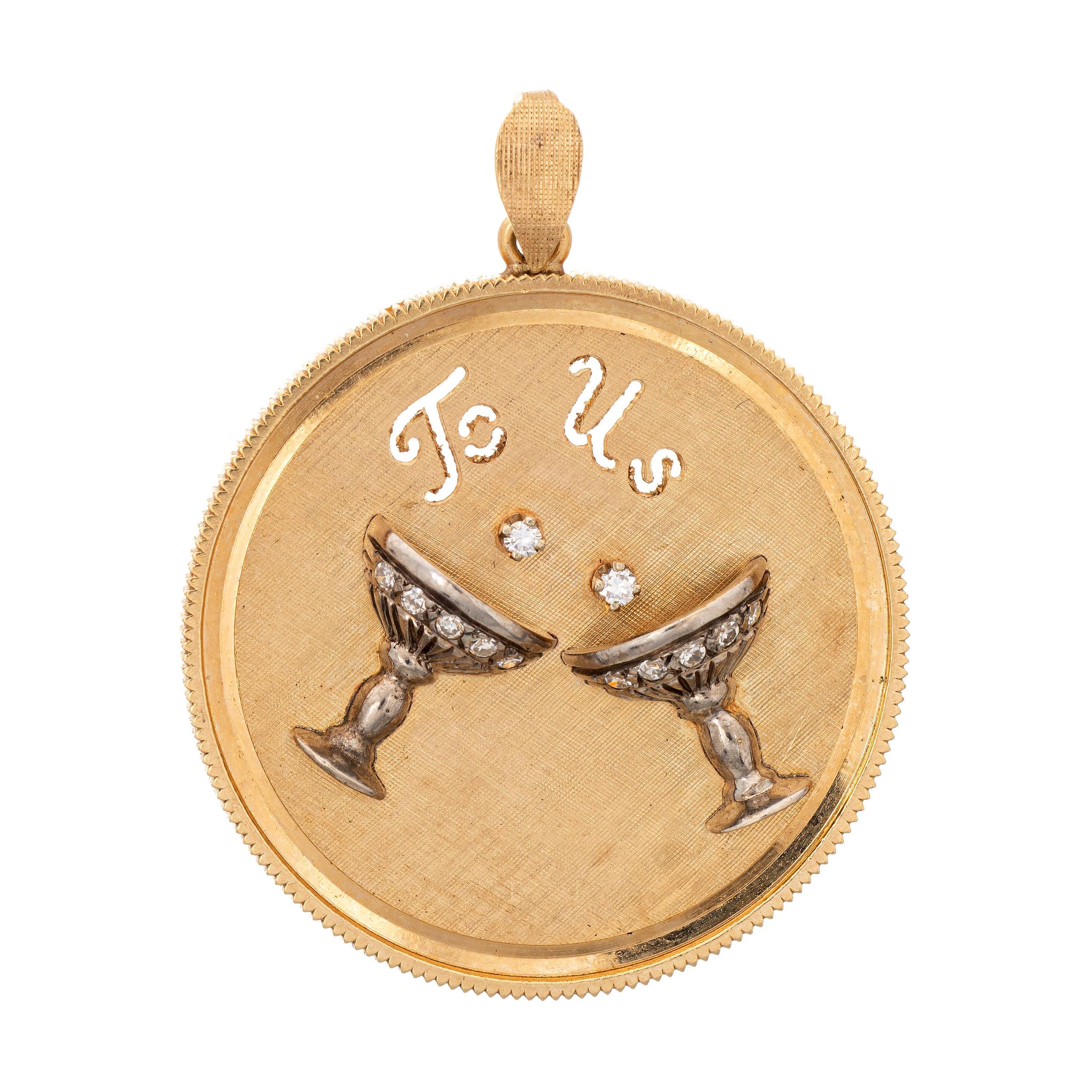 Vintage 70s To Us Charm 14k Yellow Gold Diamond Celebration Jewelry Medallion