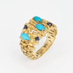 Vintage 70s Turquoise Sapphire Ring 18k Yellow Gold Abstract Band Sz 6.5