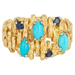 Vintage 70s Turquoise Sapphire Ring 18k Yellow Gold Abstract Band Sz 6.5