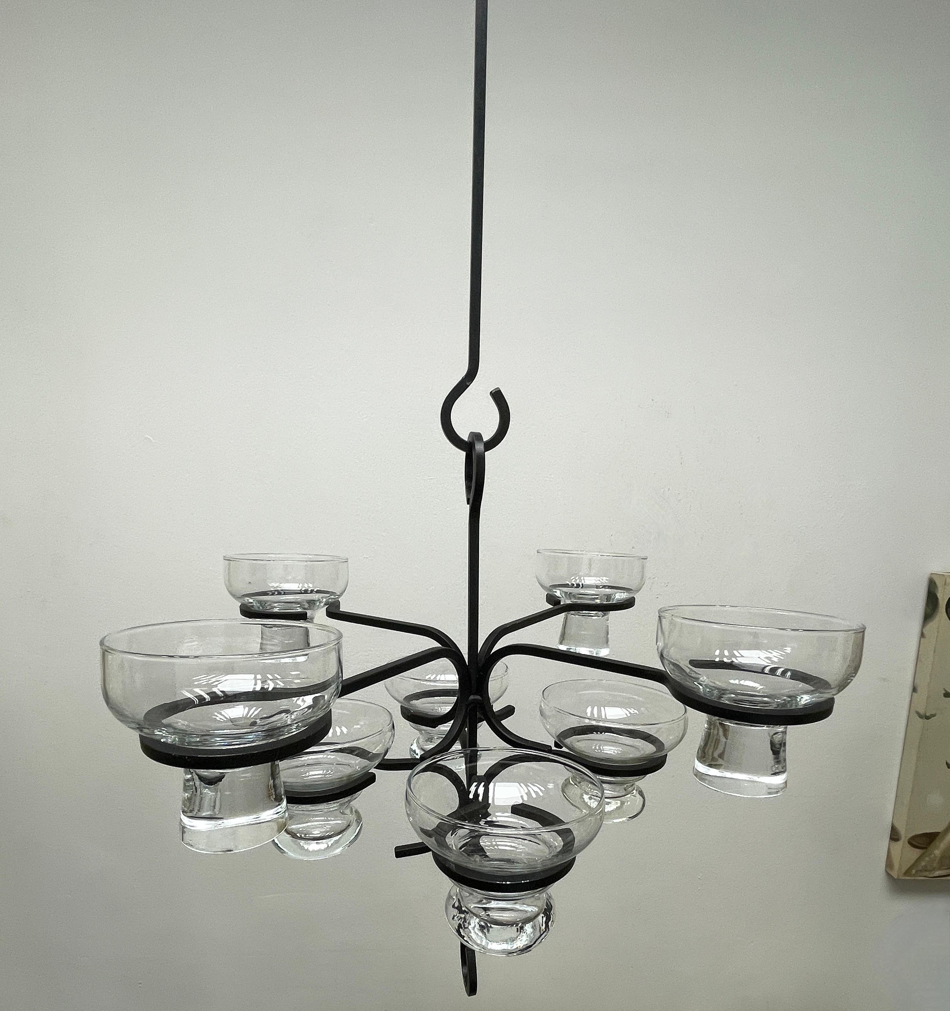 Folk Art Vintage 70s Wrought Iron Chandelier Eight Candles Swedish Art Glass 2 Extenders For Sale