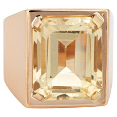 Retro 70s Yellow Quartz Ring Sz 7.5 Large Square Emerald Cut Men's Jewelry