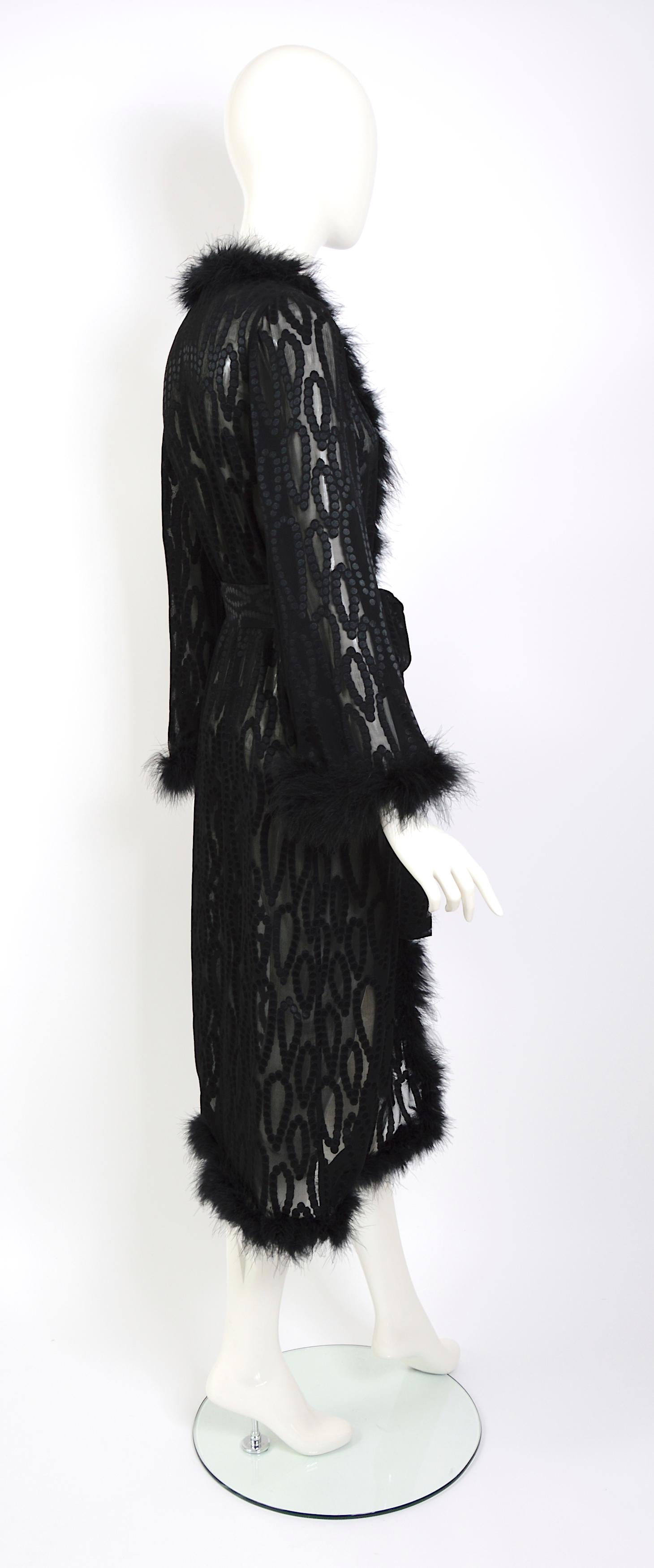 Vintage 70s Yves Saint Laurent marabou feathers trimmed black silk evening coat For Sale 6