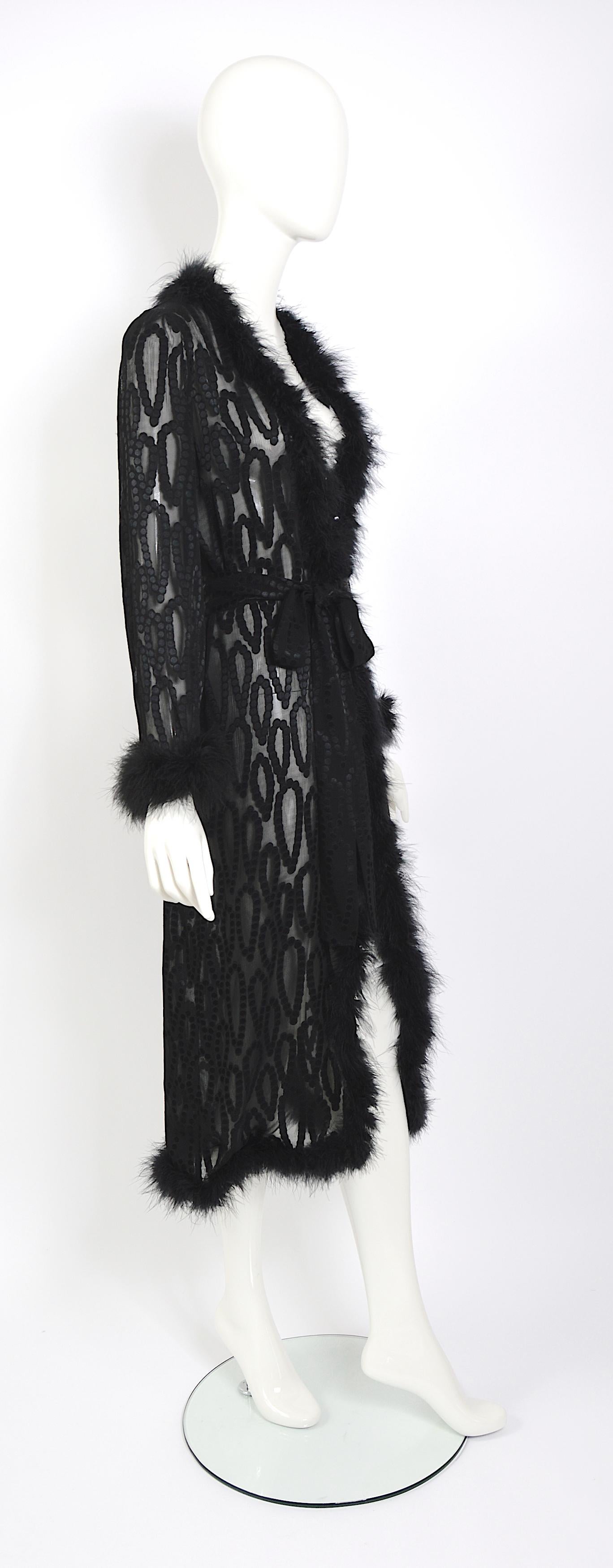 Vintage 70s Yves Saint Laurent marabou feathers trimmed black silk evening coat For Sale 7