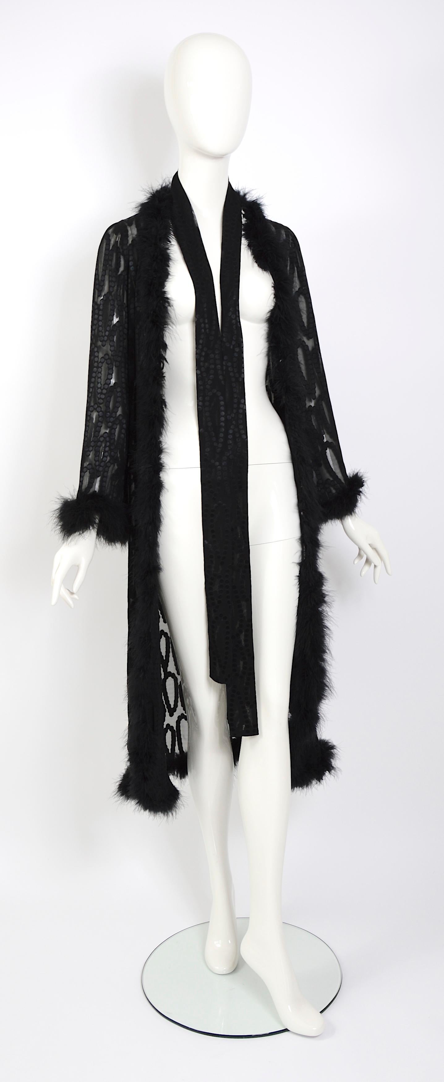 Vintage 70s Yves Saint Laurent marabou feathers trimmed black silk evening coat For Sale 8