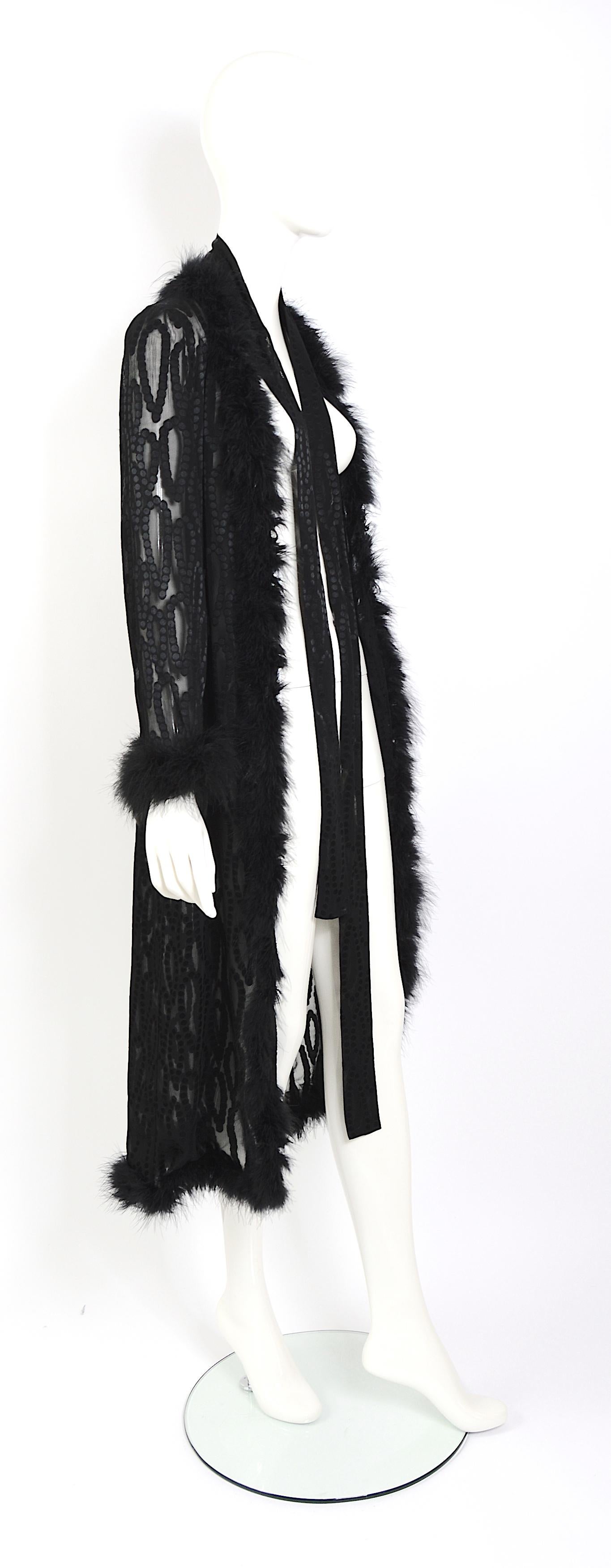 Vintage 70s Yves Saint Laurent marabou feathers trimmed black silk evening coat For Sale 9