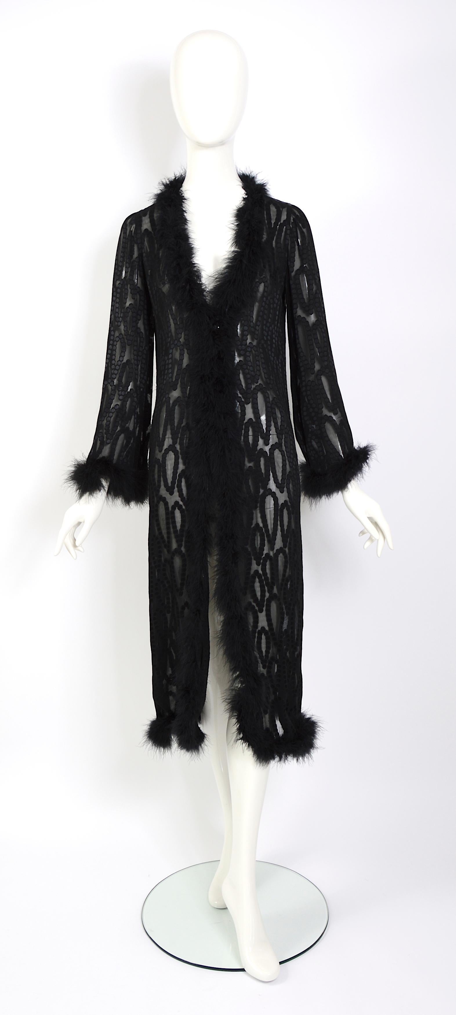 Vintage 70s Yves Saint Laurent marabou feathers trimmed black silk evening coat For Sale 10