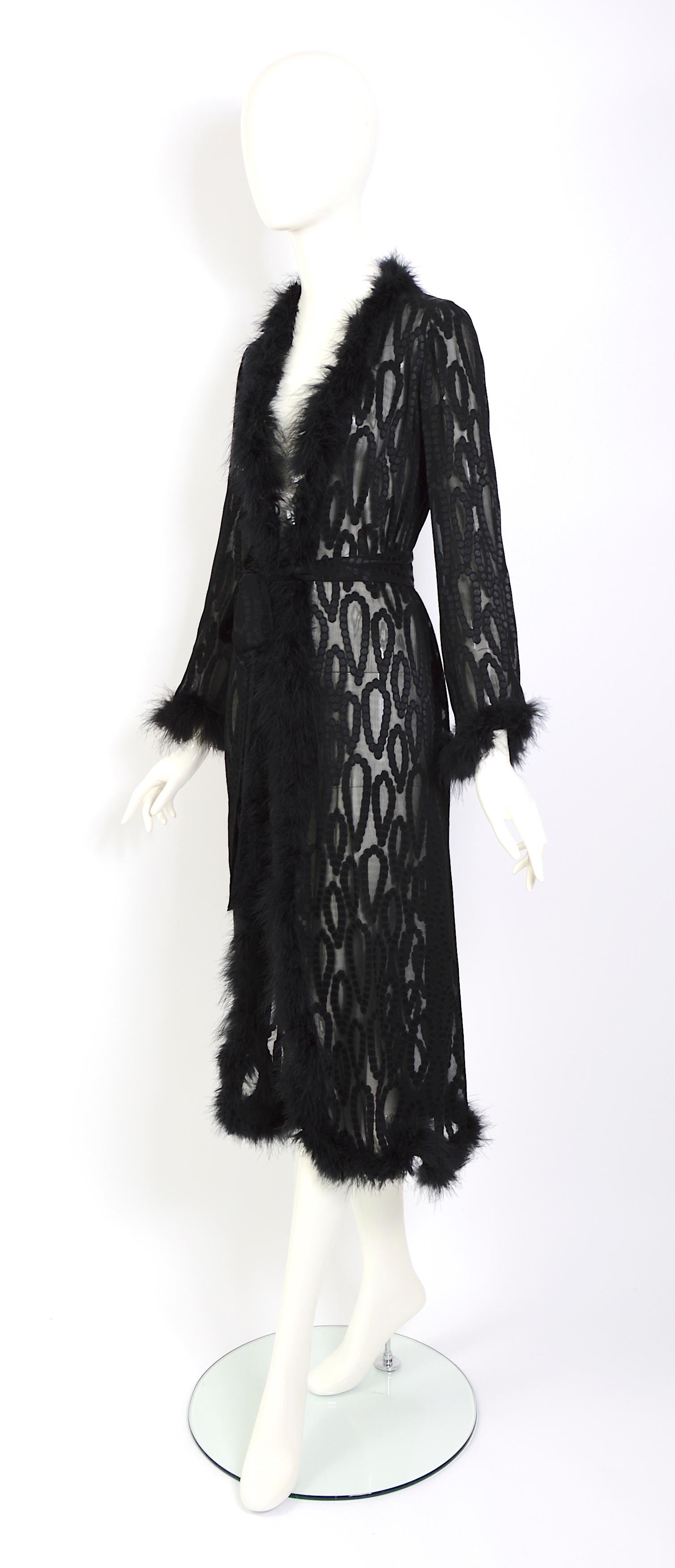 Women's Vintage 70s Yves Saint Laurent marabou feathers trimmed black silk evening coat For Sale
