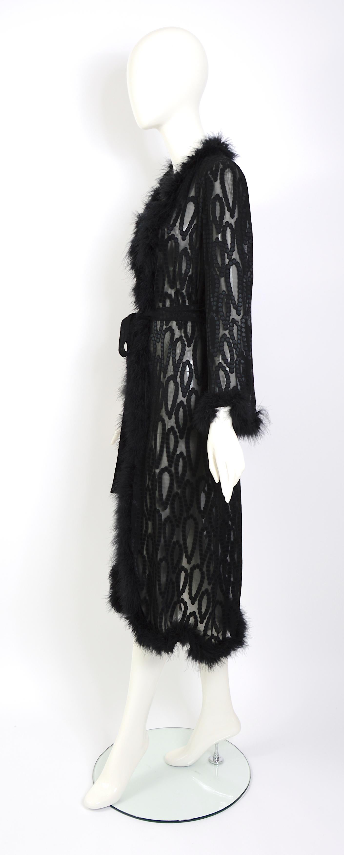 Vintage 70s Yves Saint Laurent marabou feathers trimmed black silk evening coat For Sale 1