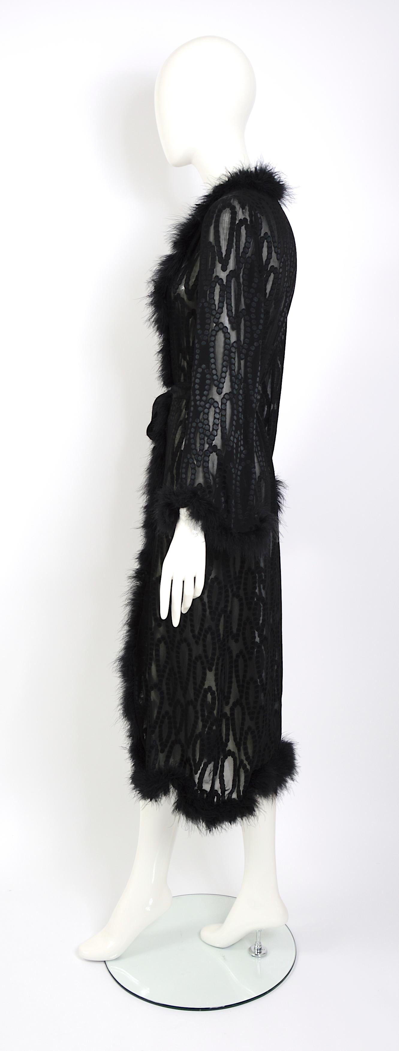 Vintage 70s Yves Saint Laurent marabou feathers trimmed black silk evening coat For Sale 2