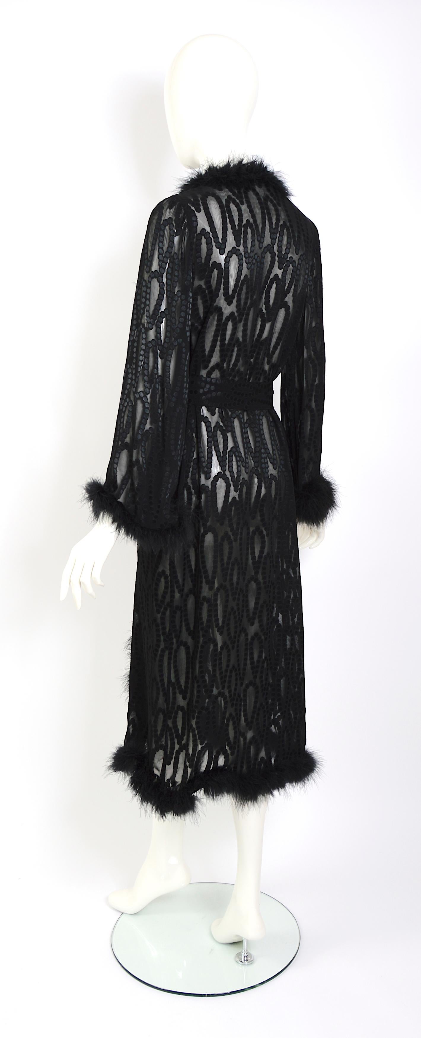 Vintage 70s Yves Saint Laurent marabou feathers trimmed black silk evening coat For Sale 3