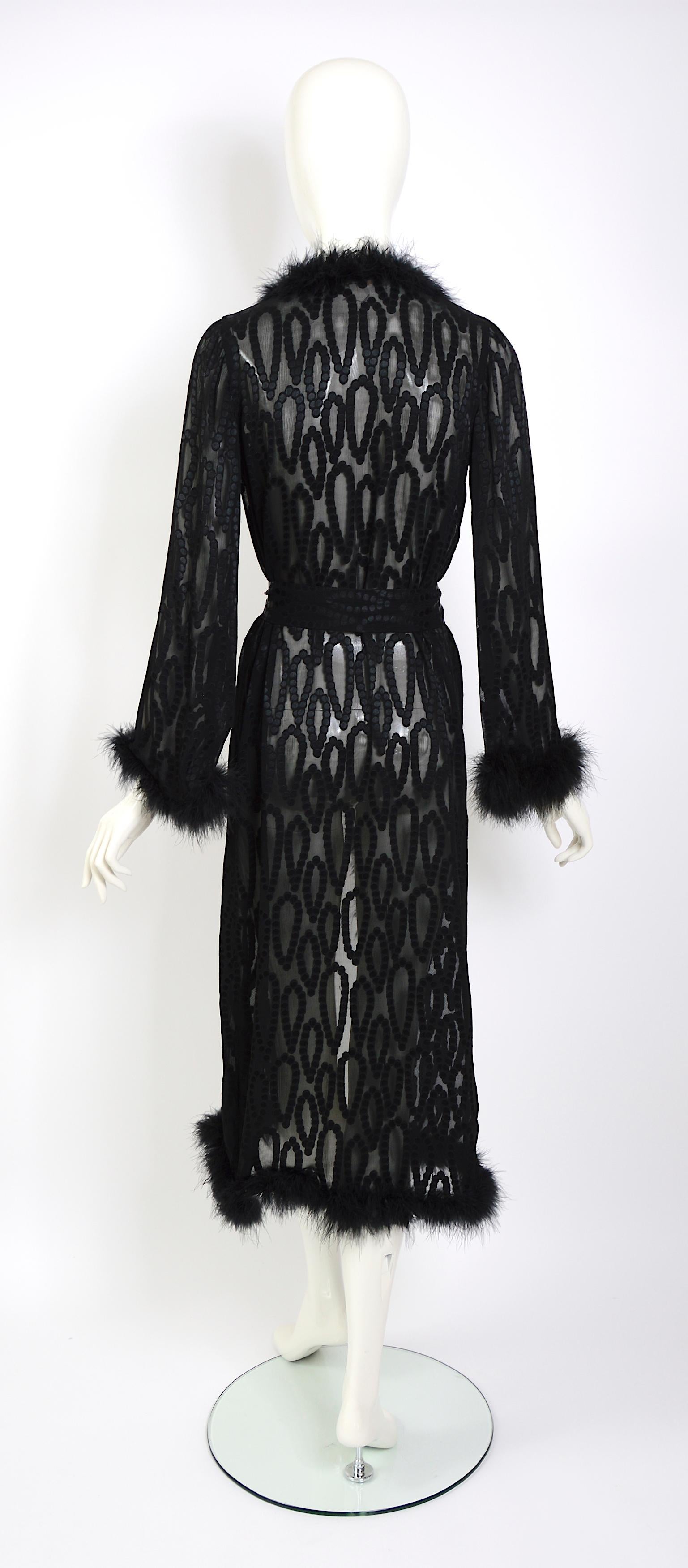 Vintage 70s Yves Saint Laurent marabou feathers trimmed black silk evening coat For Sale 4