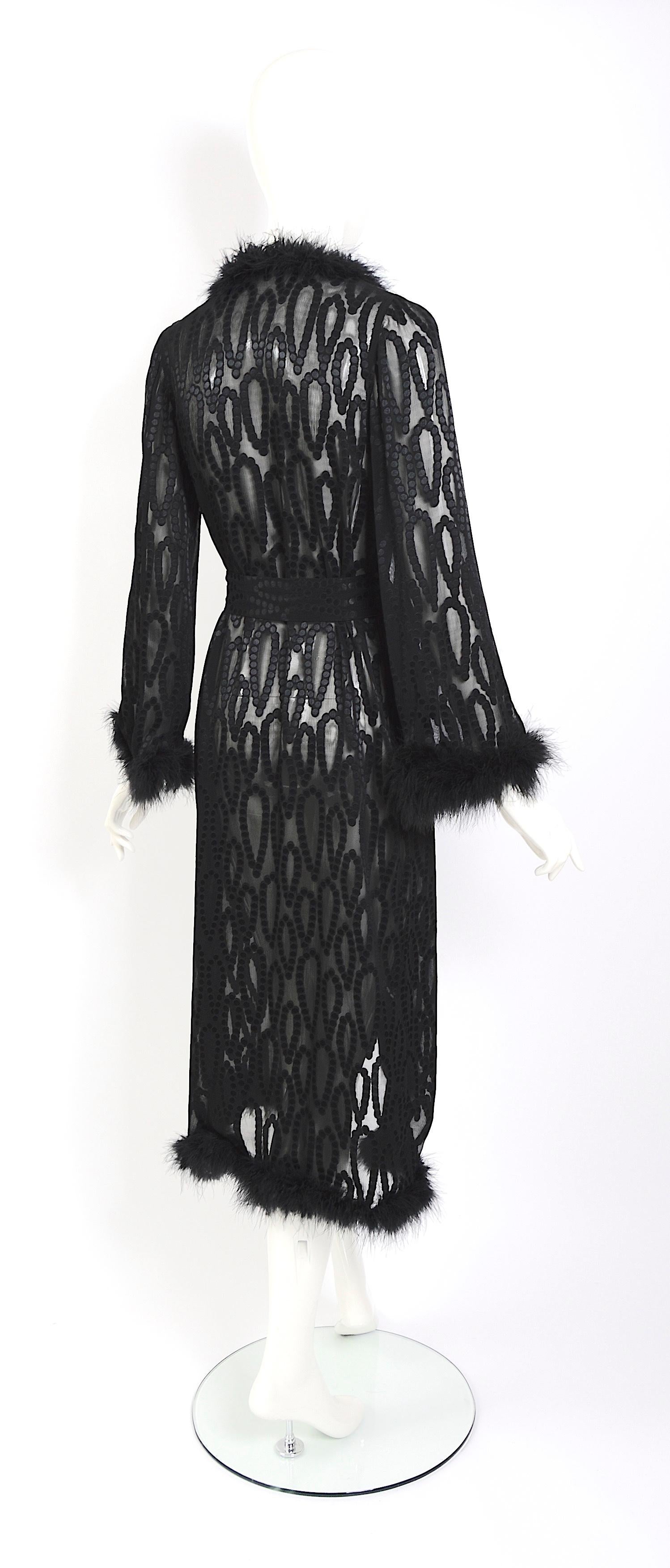 Vintage 70s Yves Saint Laurent marabou feathers trimmed black silk evening coat For Sale 5