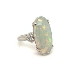 Vintage 7.10 Carat Crystal Opal and Diamond Platinum Solitaire Cocktail Ring