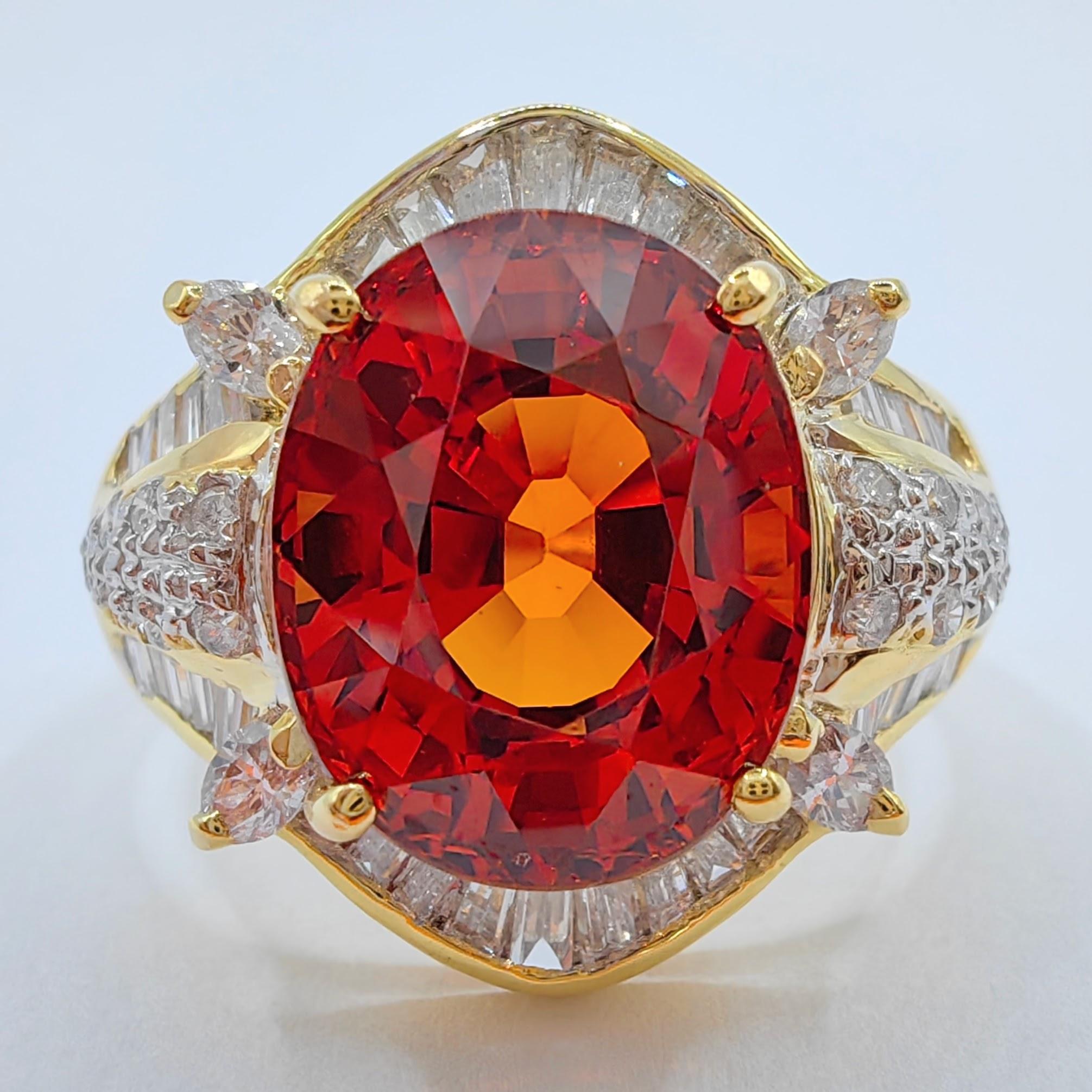 Indulge in the luxurious charm of this exceptional Vintage 7.1 Carat Orange Mandarin Spessartine Garnet Diamond Ring. The vibrant orange hue of the Spessartine Garnet is both rare and spectacular, showcasing a unique saturation and intensity that