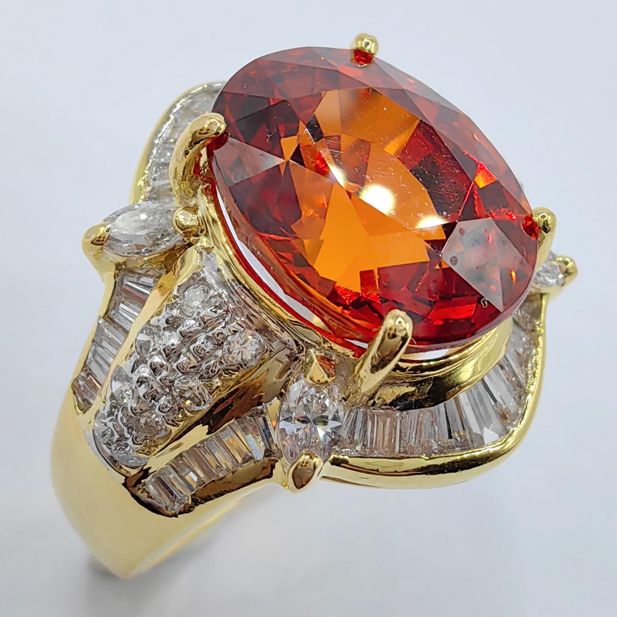 Contemporain Bague vintage en or 20 carats bicolore avec grenat mandarin orange spessartine et diamants 7,1 carats en vente