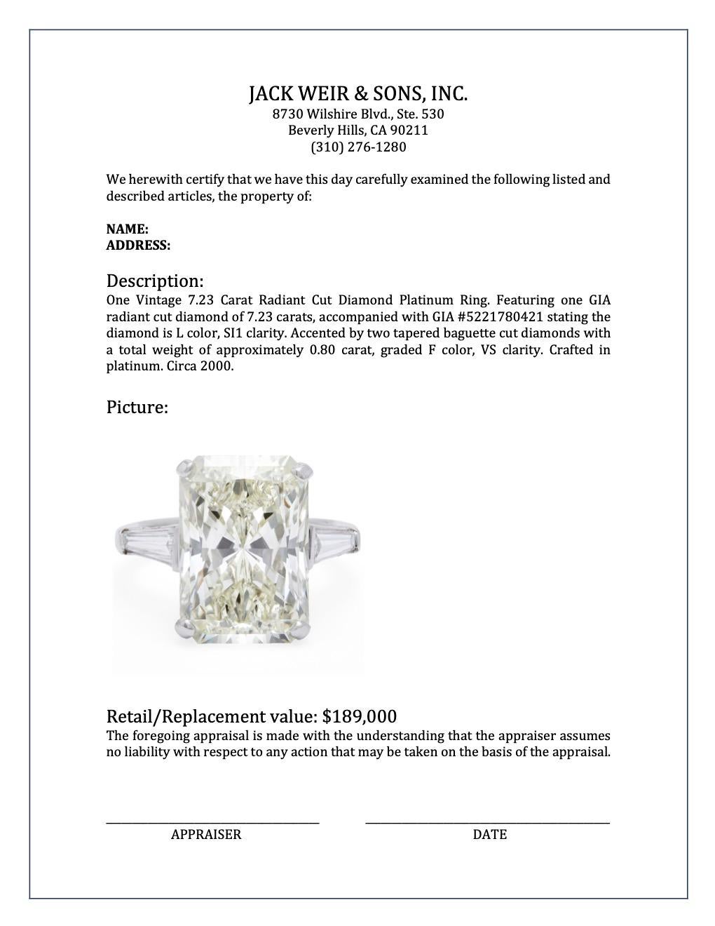 Vintage 7.23 Carat Radiant Cut Diamond Platinum Ring For Sale 3