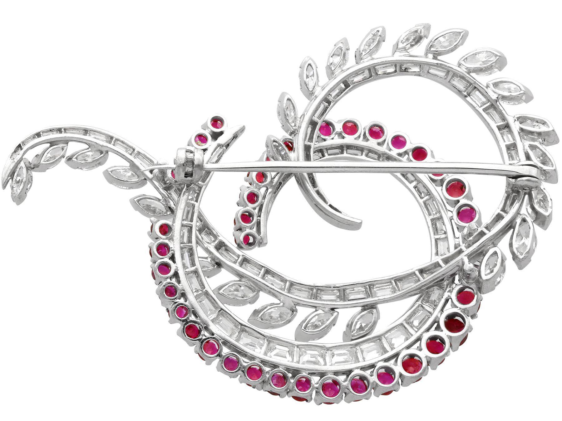 Vintage 7.35 Carat Diamond and 1.95 Carat Ruby Platinum Brooch, circa 1950 In Excellent Condition For Sale In Jesmond, Newcastle Upon Tyne