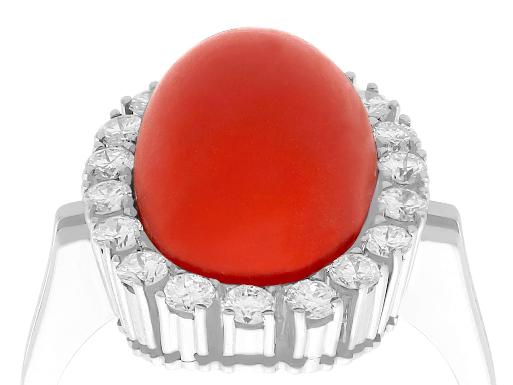 An impressive vintage 7.36 carat red coral and 0.80 carat diamond, 18 karat white gold cluster ring; part of our diverse gemstone jewelry collections.

This fine and impressive cabochon cut red coral and diamond ring has been crafted in 18k white