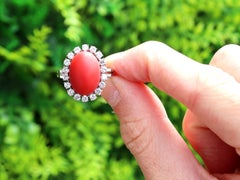 Vintage 7.36 Carat Cabochon Cut Red Coral and Diamond White Gold Cluster Ring