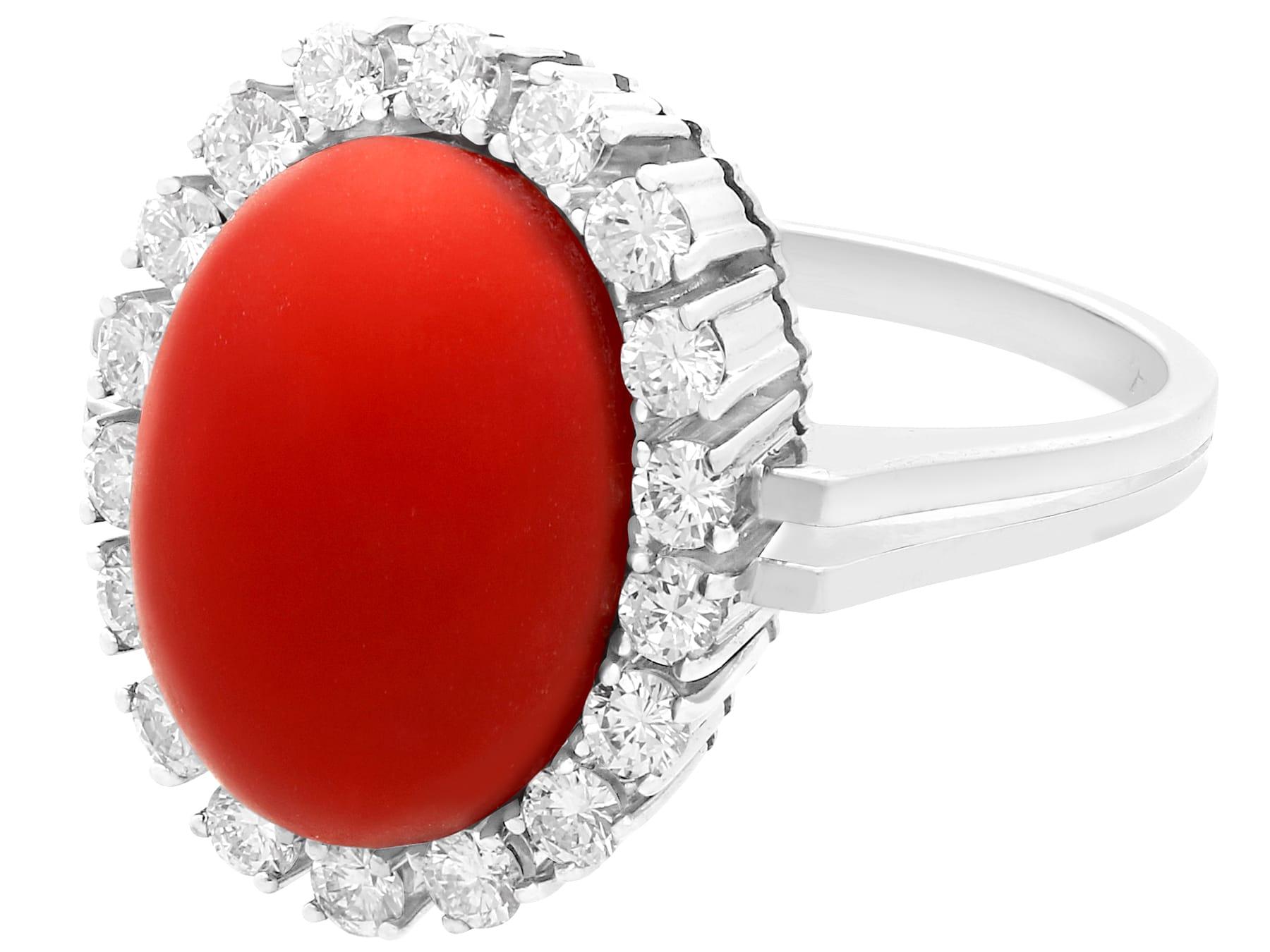 Vintage 7.36 Carat Cabochon Cut Red Coral and Diamond White Gold Cluster Ring In Excellent Condition For Sale In Jesmond, Newcastle Upon Tyne