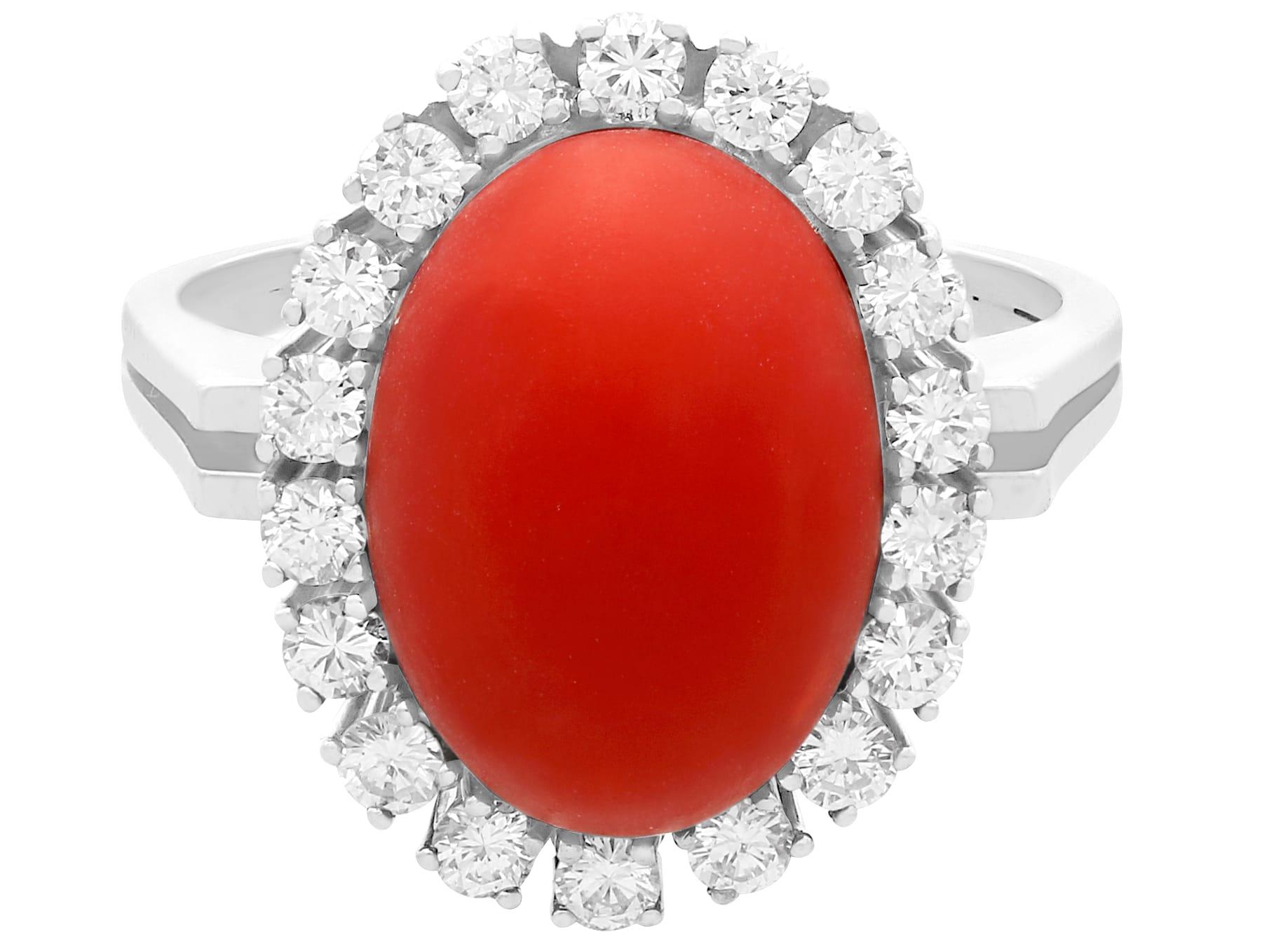 Women's or Men's Vintage 7.36 Carat Cabochon Cut Red Coral and Diamond White Gold Cluster Ring For Sale
