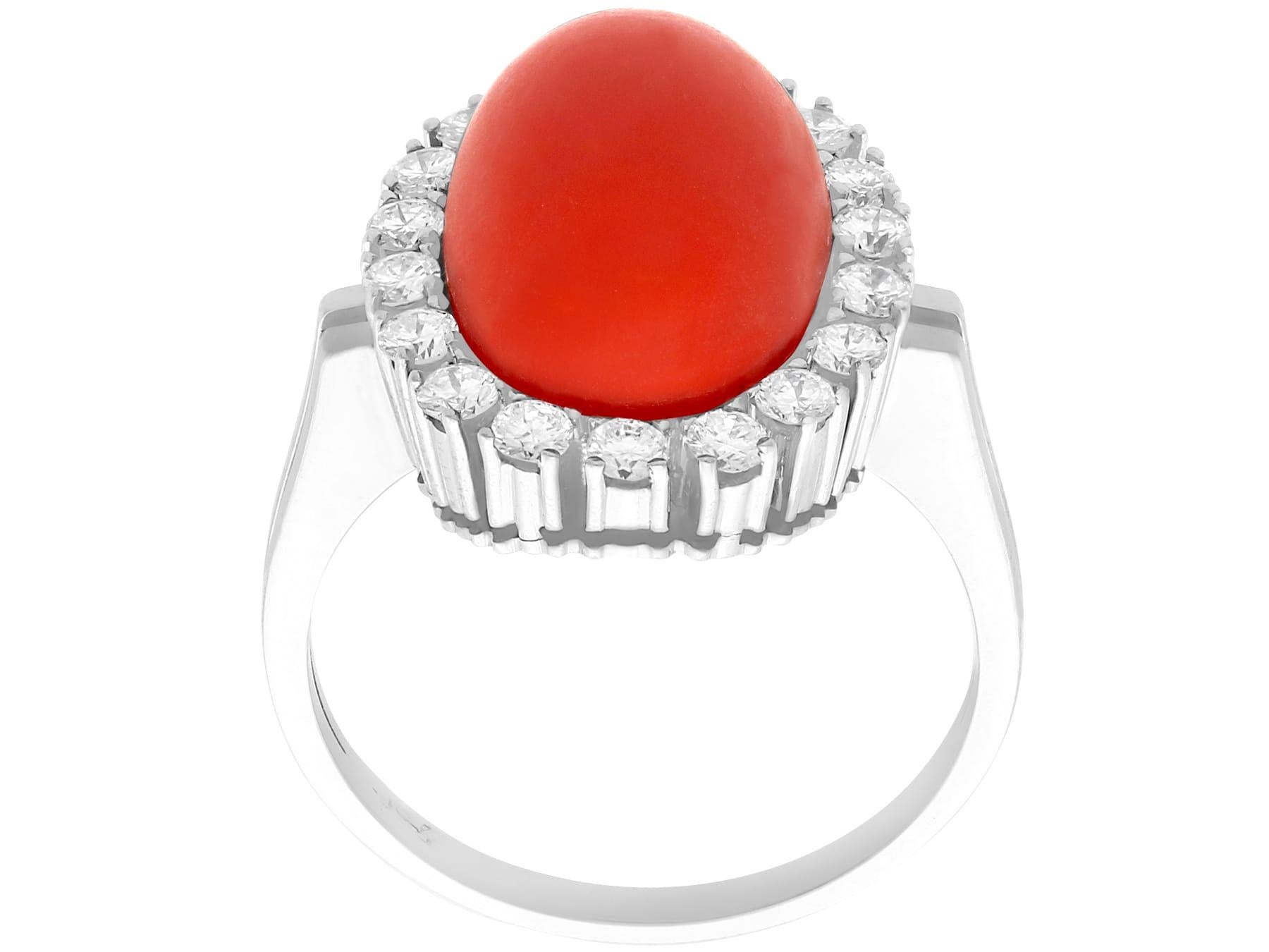 Vintage 7.36 Carat Cabochon Cut Red Coral and Diamond White Gold Cluster Ring For Sale 1