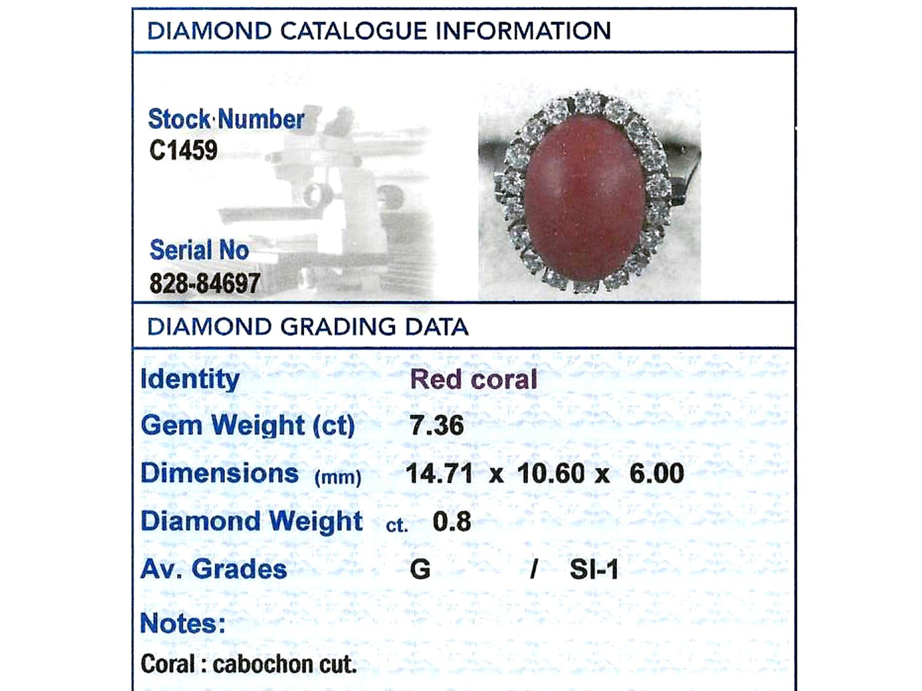 Weißgold-Cluster-Ring aus Weißgold mit 7,36 Karat roter Koralle im Cabochon-Schliff und Diamant im Angebot 2