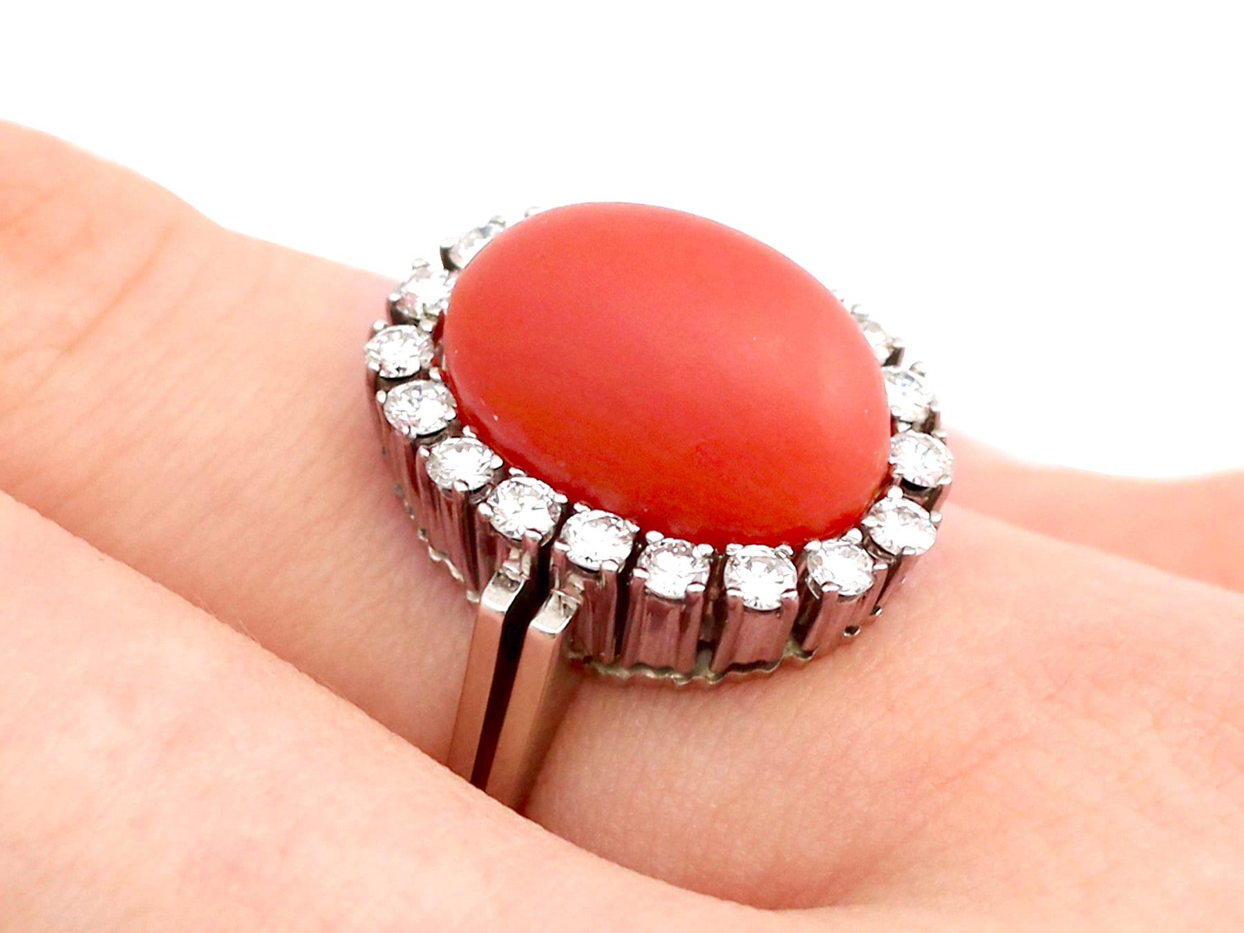 Vintage 7.36 Carat Cabochon Cut Red Coral and Diamond White Gold Cluster Ring For Sale 4