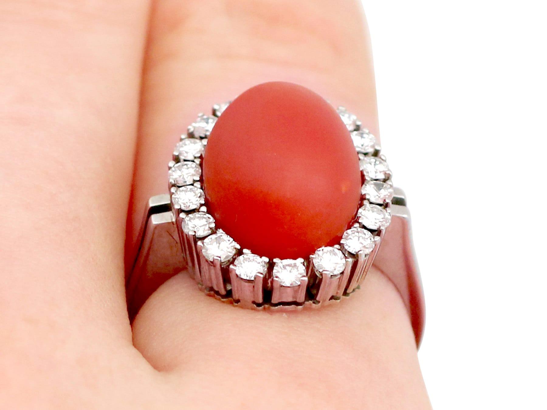 Vintage 7.36 Carat Cabochon Cut Red Coral and Diamond White Gold Cluster Ring For Sale 5