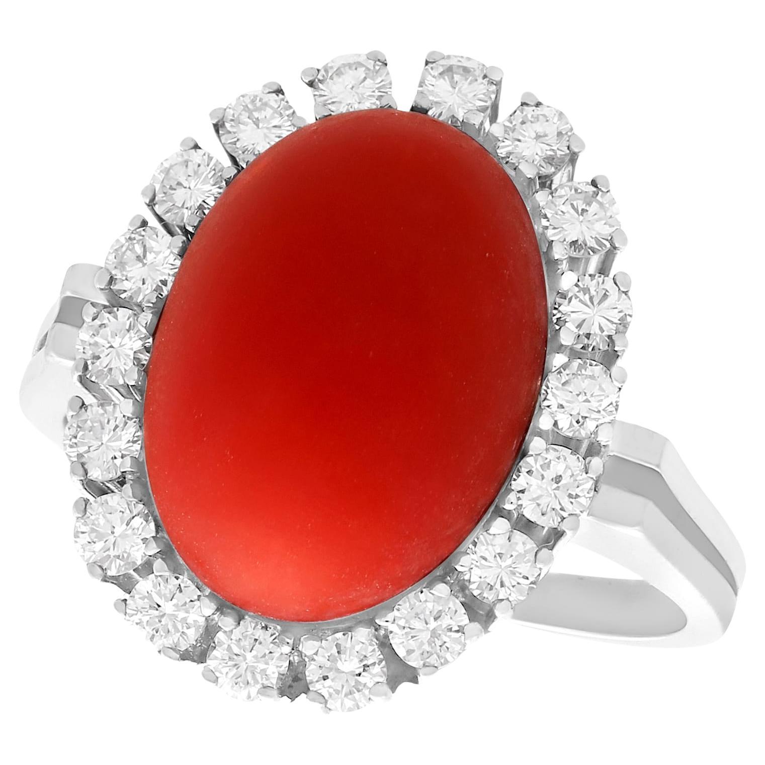 Vintage 7.36 Carat Cabochon Cut Red Coral and Diamond White Gold Cluster Ring For Sale
