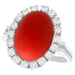 Retro 7.36 Carat Cabochon Cut Red Coral and Diamond White Gold Cluster Ring