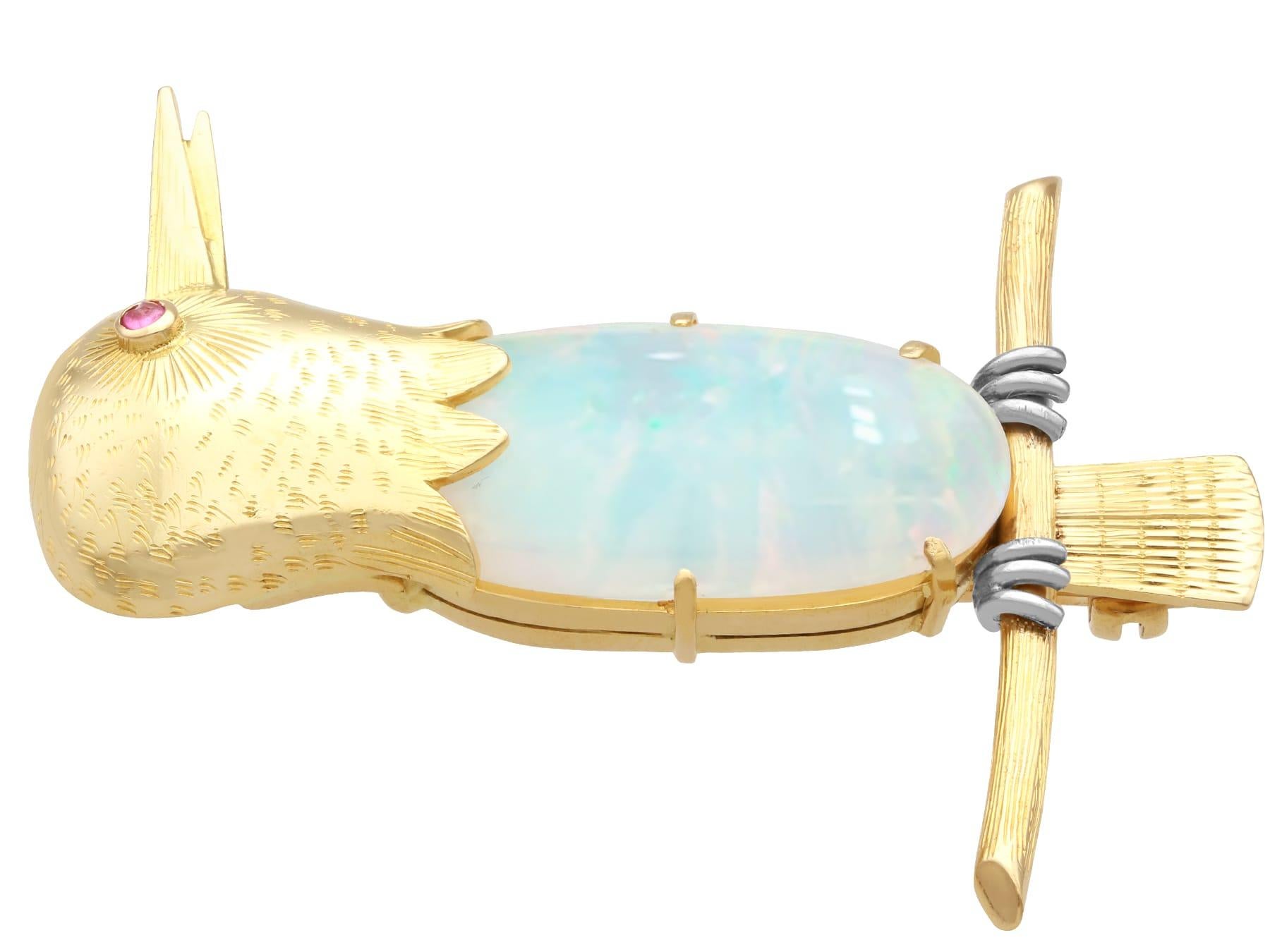 Cabochon Vintage 7.39ct Opal Ruby and 18k Yellow Gold Bird Brooch For Sale