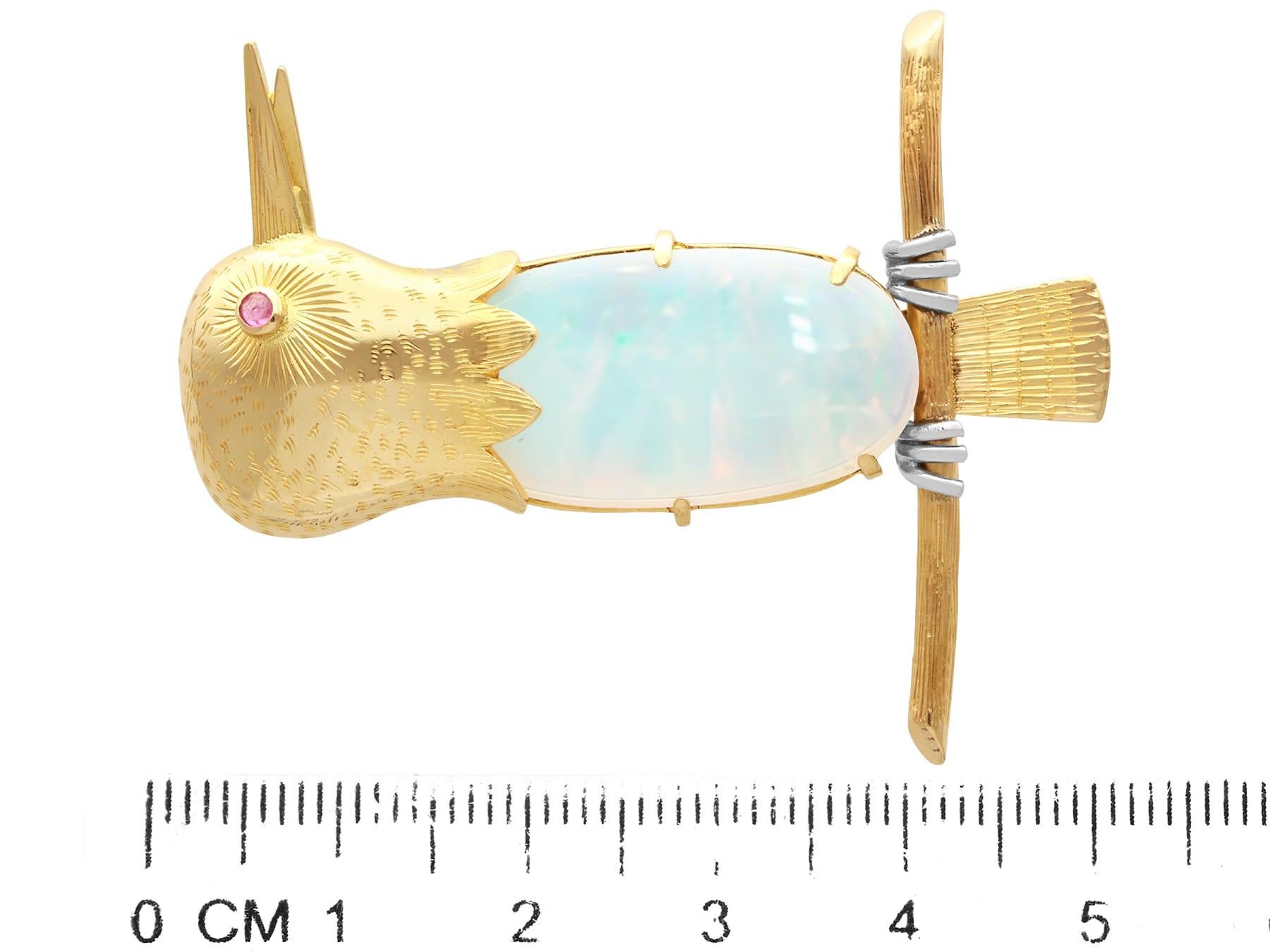 Vintage 7.39ct Opal Ruby and 18k Yellow Gold Bird Brooch For Sale 1