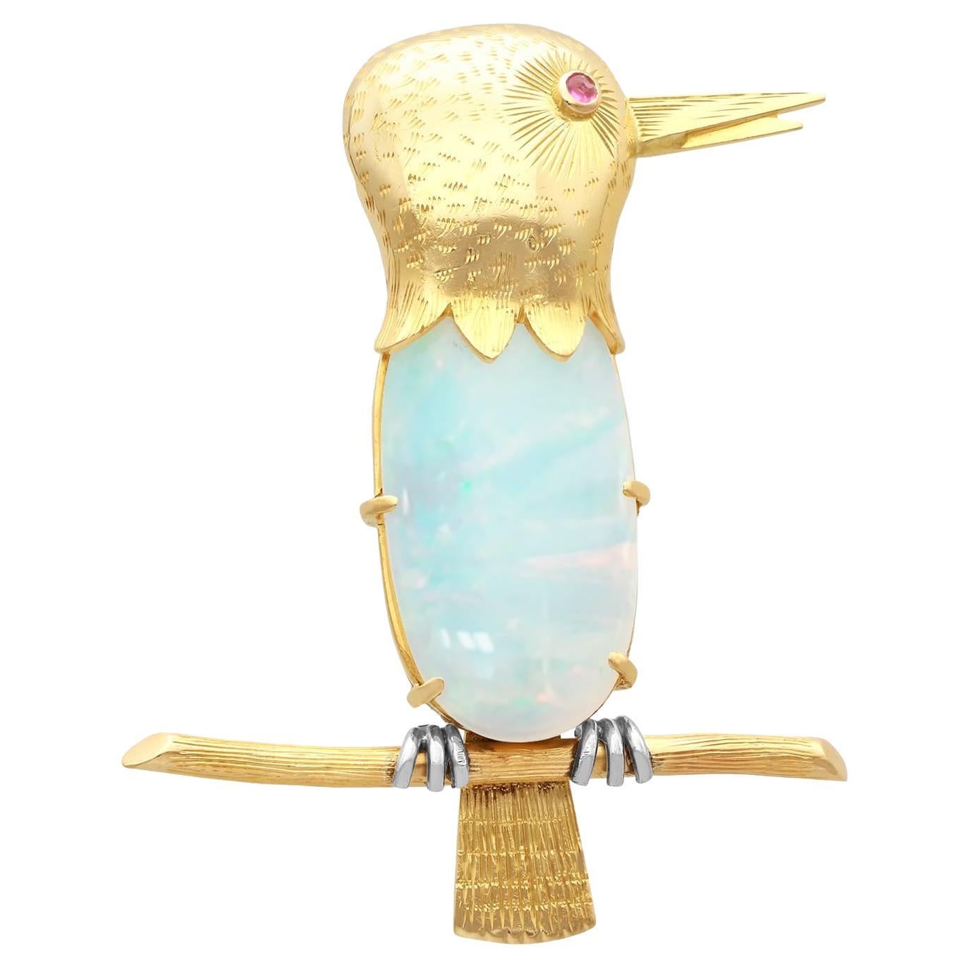 Vintage 7.39ct Opal Ruby and 18k Yellow Gold Bird Brooch For Sale