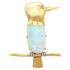 Vintage 7.39ct Opal Ruby and 18k Yellow Gold Bird Brooch