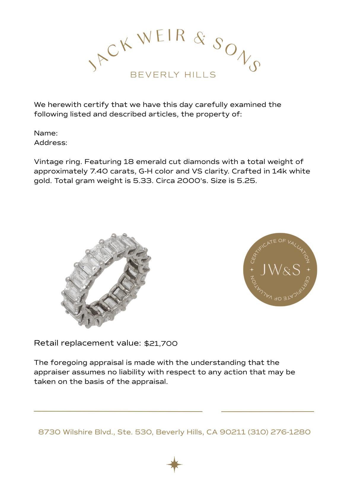 Donna Fascia dell'eternità in oro bianco 14k con diamante vintage da 7,40 carati di peso totale in vendita
