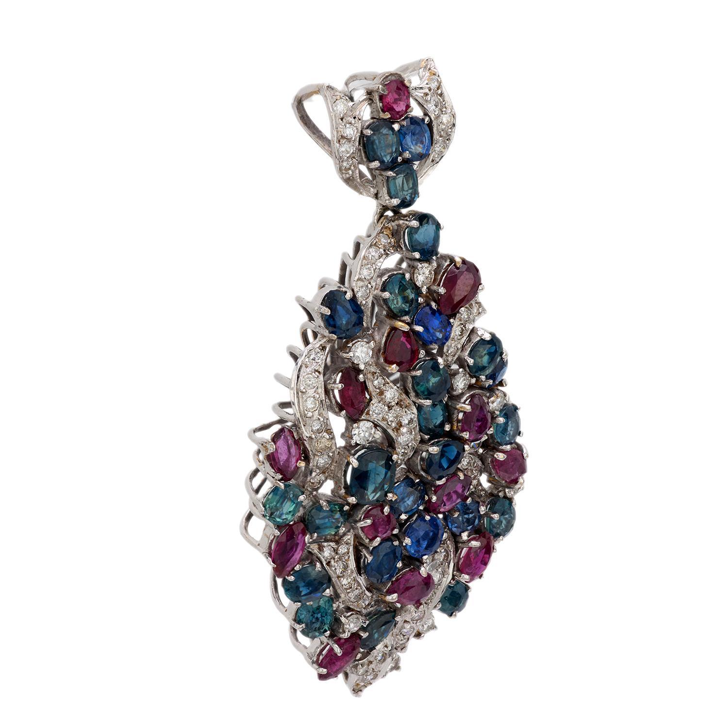 Modern Vintage 7.40 carat total weight gemstone 18k white gold pendant For Sale