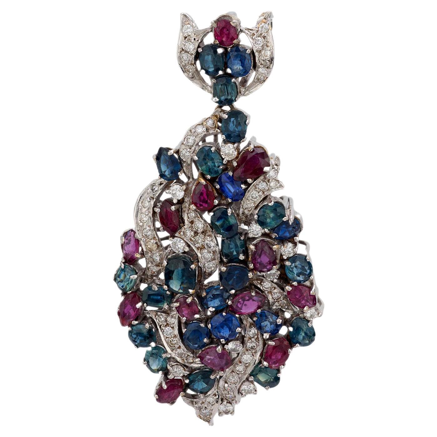 Vintage 7.40 carat total weight gemstone 18k white gold pendant For Sale