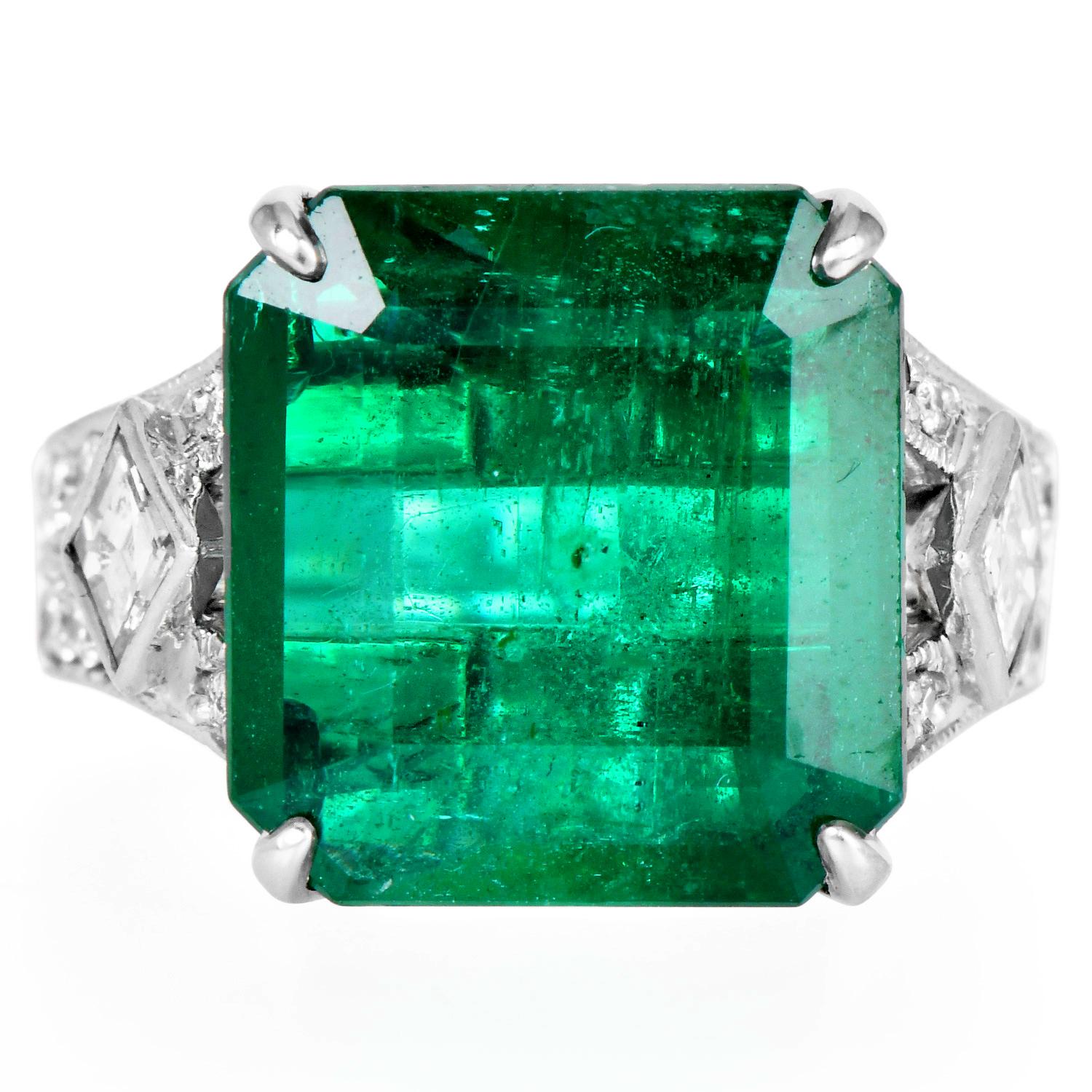 Emerald Cut Vintage 7.43 Carat Emerald Diamond Deco Platinum Ring For Sale
