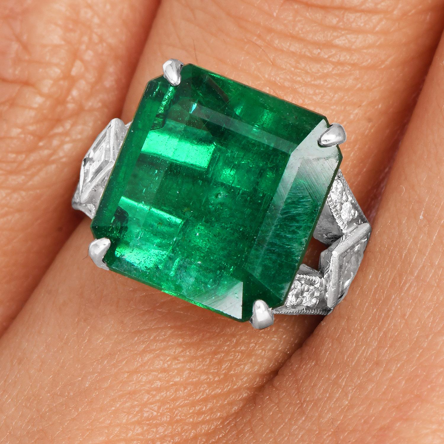 Vintage 7.43 Carat Emerald Diamond Deco Platinum Ring For Sale 2