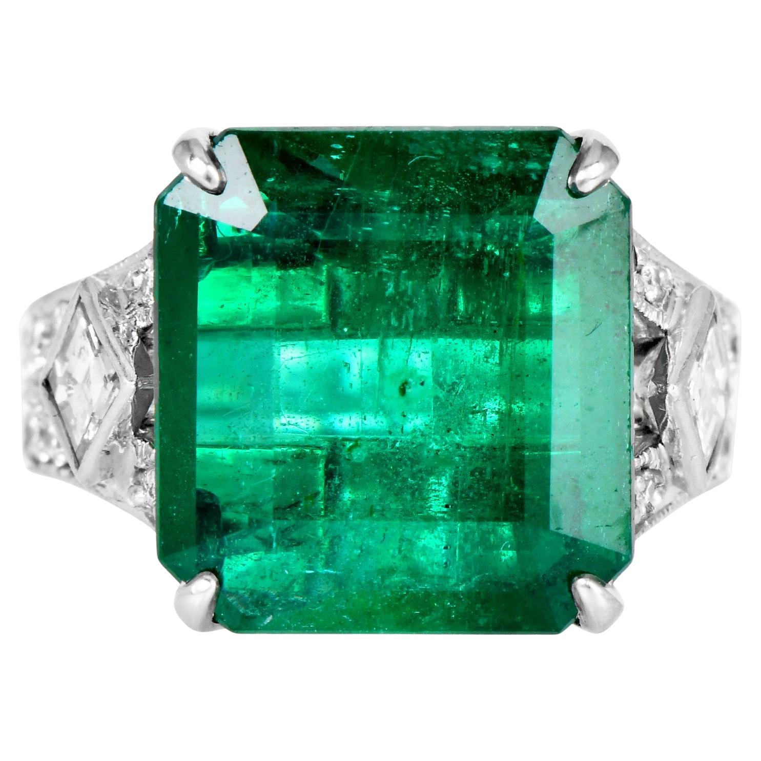 Vintage 7.43 Carat Emerald Diamond Deco Platinum Ring For Sale