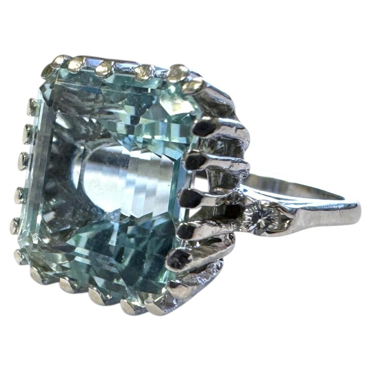 Vintage 7.5 Carat Aquamarine & Diamond Cocktail Ring 14K White Gold