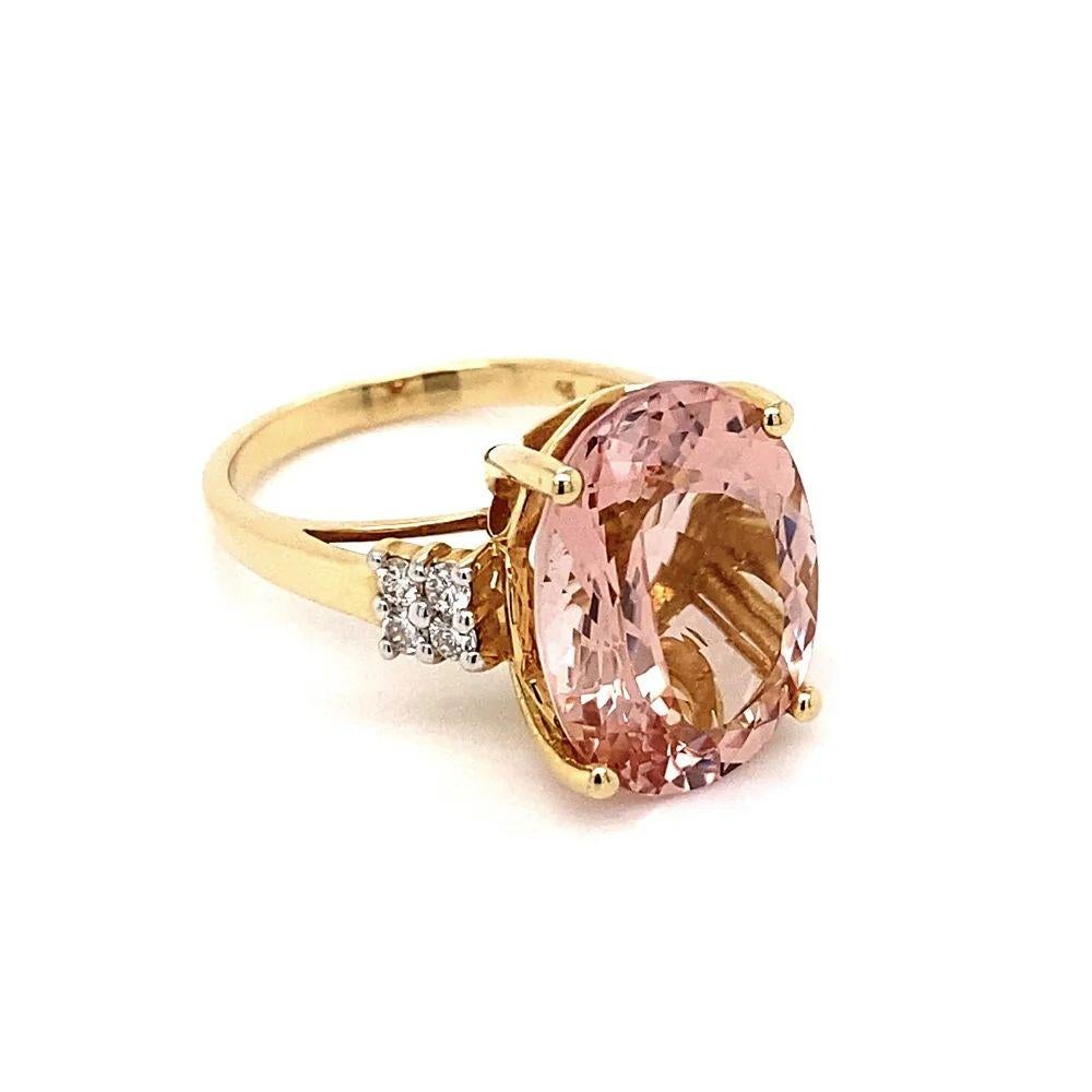 Simply Beautiful! Vintage Solitaire 7.5 Carat Oval Brilliant Morganite and Diamond Gold Cocktail Ring. Centering a Hand set securely nestled 7.5 Carat Oval Brilliant Morganite. Enhanced either side with RBC Diamonds, weighing approx. 0.16tcw. Hand